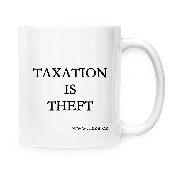 Hrnček malý biely s potlačou Taxation is theft (magický hrnek)